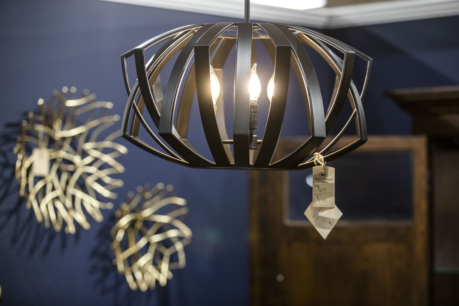 A chandelier is displayed on the 14,500 square-foot showroom floor.